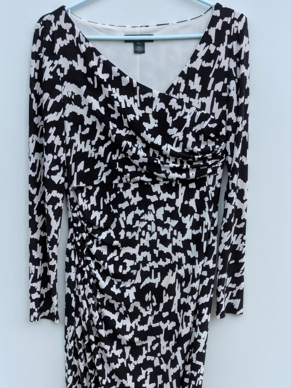 Lauren Ralph Lauren Black White Abstract Print Ruched Long Sleeve Sheath Dress